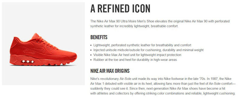 Mô tả sản phẩm trên trang web của Nike