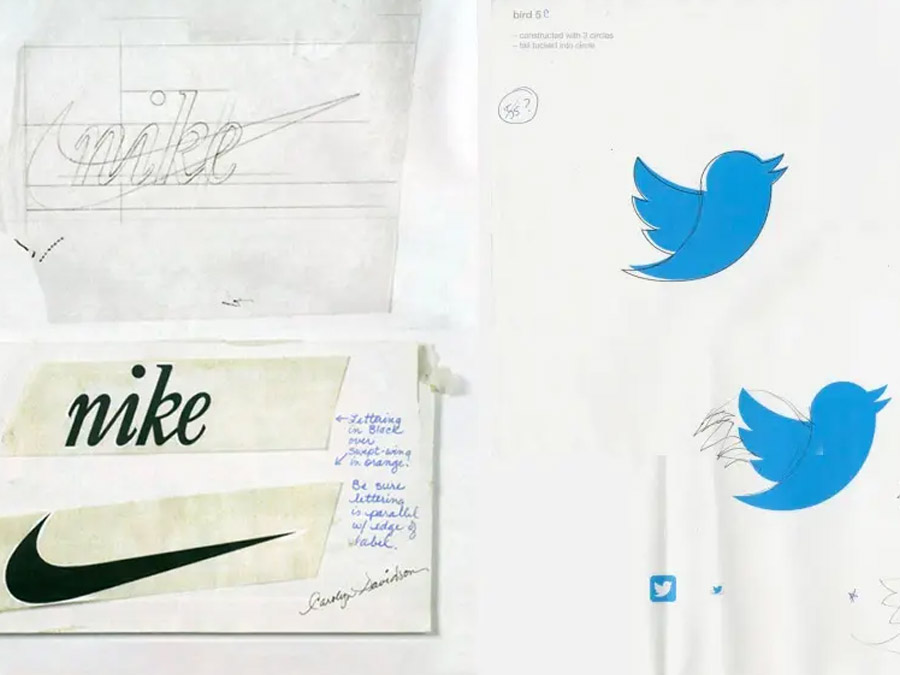 Bản phác thảo đầu tiên của logo Nike và Logo Twitter, nguồn ảnh: internet