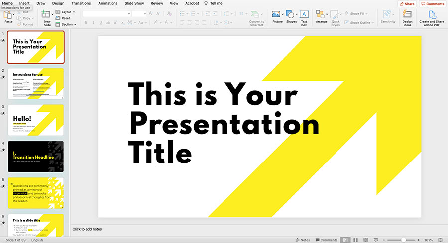 Slide powerPoint đẹp màu vàng đen tương phản, hiện đại kết hợp mũi tên phát triển