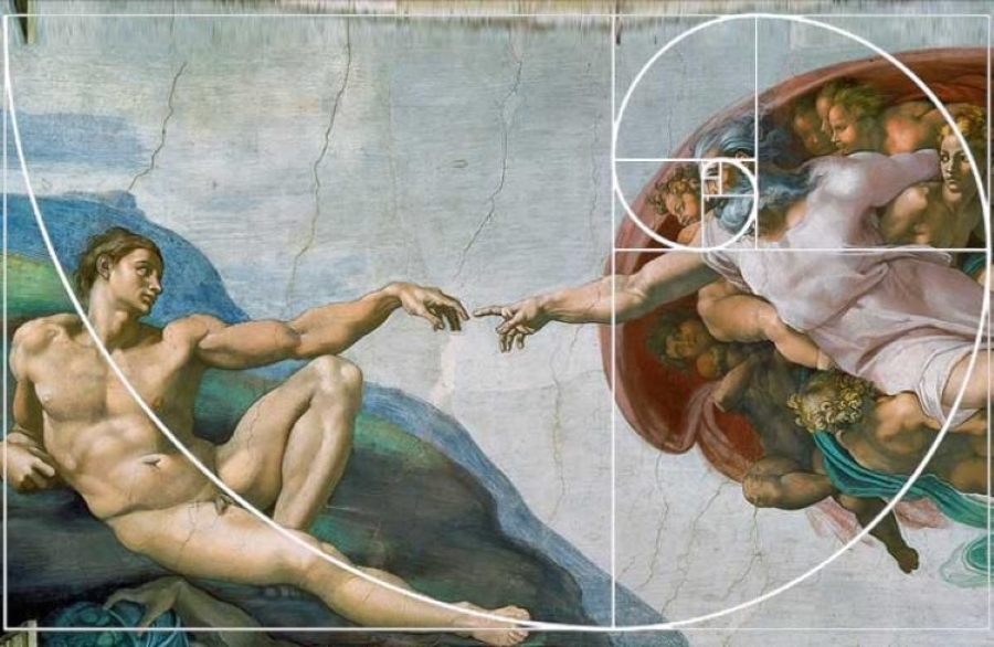 Tác phẩm “Sự tạo thành Adam” (The Creation of Adam) của Michelangelo với khoảng cách được chia theo tỷ lệ thần thánh (ảnh: Medium)