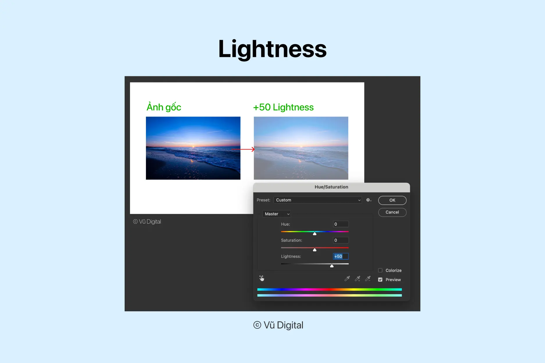 Brightness sẽ thêm trắng vào toàn bộ hình ảnh, màu tối cũng sẽ bị ảnh hưởng chung (ảnh: vudigital.co)
