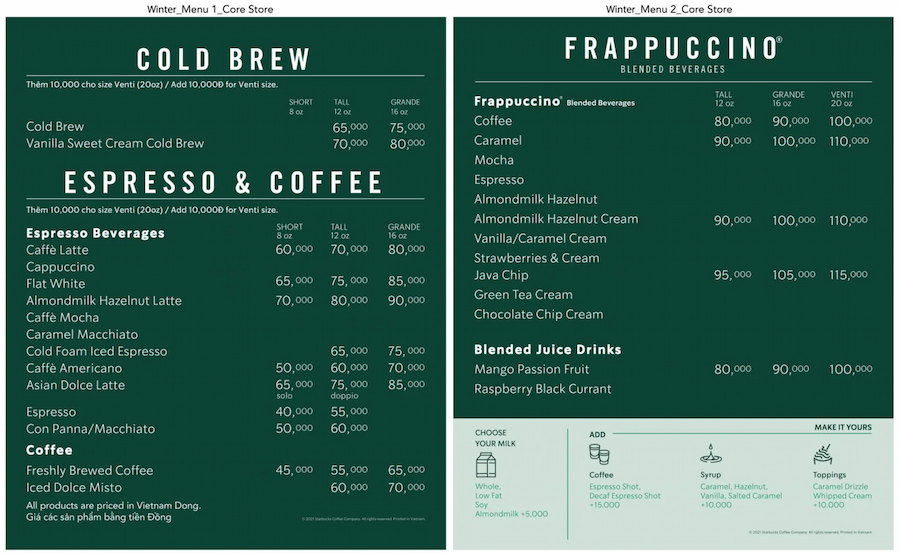 Menu của Starbucks sử dụng phông chữ không chân sans serif.